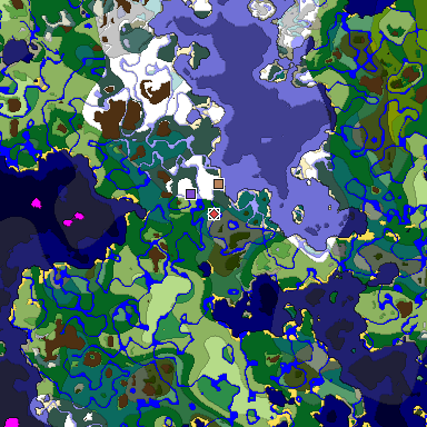 Predicted biome map of Java 1.18 seed 4134192470825540233 around estimated spawn
