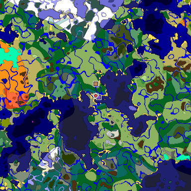 Predicted biome map of Java 1.18 seed -3751229953184619203 around estimated spawn