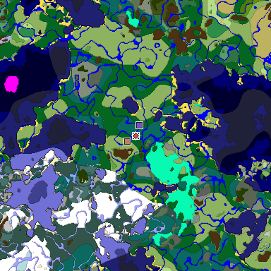Predicted biome map of Java 1.18 seed -5620258857949276944 around estimated spawn