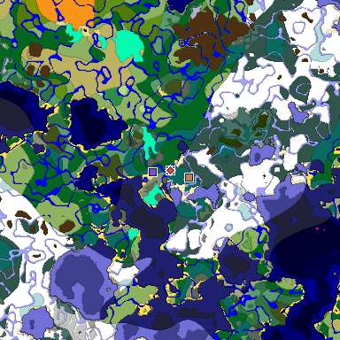 Predicted biome map of Java 1.18 seed -3643241126886035152 around estimated spawn