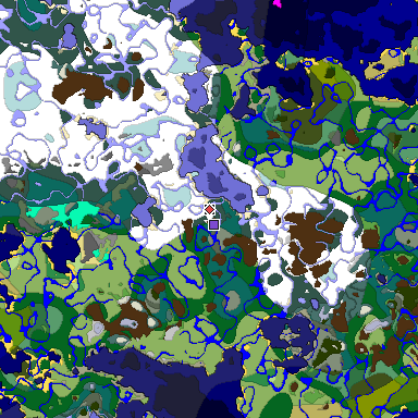 Predicted biome map of Java 1.18 seed 7522721703574521043 around estimated spawn