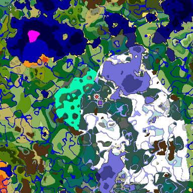 Predicted biome map of Java 1.18 seed -2909785290168292858 around estimated spawn