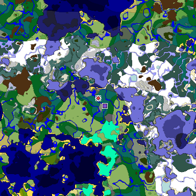 Predicted biome map of Java 1.18 seed 498314216285859820 around estimated spawn