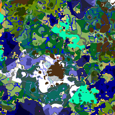 Predicted biome map of Java 1.18 seed -368671935621426430 around estimated spawn
