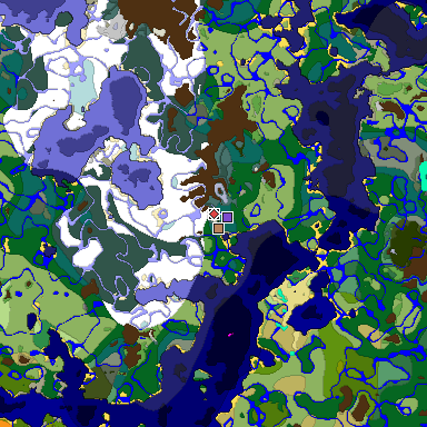 Predicted biome map of Java 1.18 seed -4807670728173425502 around estimated spawn