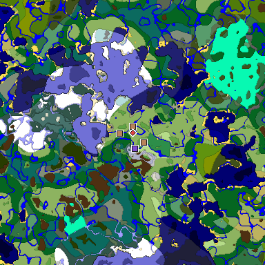 Predicted biome map of Java 1.18 seed -7956651495610323497 around estimated spawn