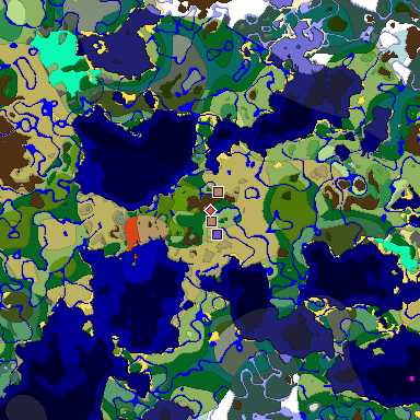 Predicted biome map of Java 1.18 seed 7879332245537746043 around estimated spawn
