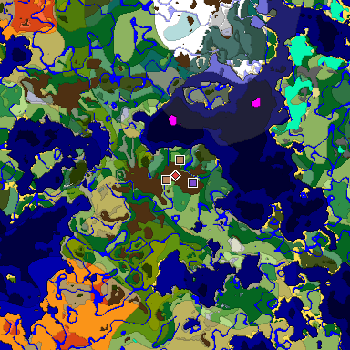 Predicted biome map of Java 1.18 seed -2869325885188270419 around estimated spawn