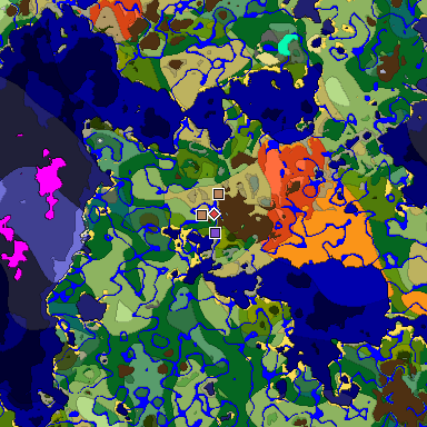 Predicted biome map of Java 1.18 seed -4177177598061835480 around estimated spawn