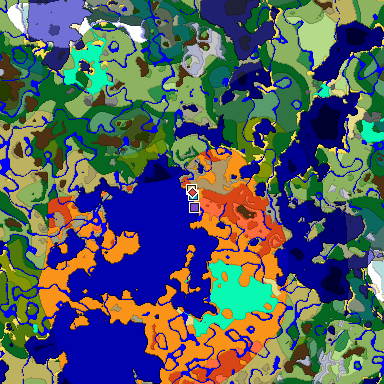 Predicted biome map of Java 1.18 seed 3004101873959875285 around estimated spawn