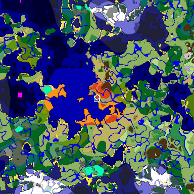 Predicted biome map of Java 1.18 seed 8425909028739203489 around estimated spawn