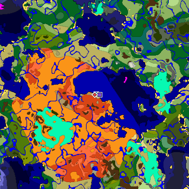 Predicted biome map of Java 1.18 seed -233621616995377247 around estimated spawn