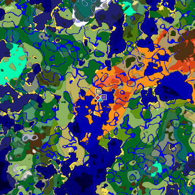 Predicted biome map of Java 1.18 seed 1648677105516338454 around estimated spawn