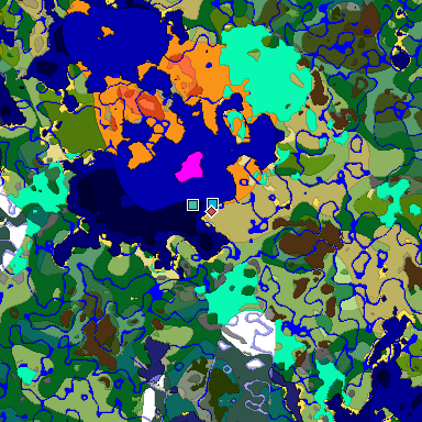 Predicted biome map of Java 1.18 seed 553888021620539400 around estimated spawn