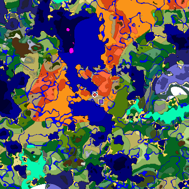 Predicted biome map of Java 1.18 seed 1670825257052266628 around estimated spawn