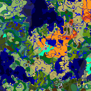 Predicted biome map of Java 1.18 seed -3287111112175394924 around estimated spawn