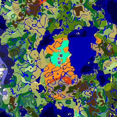 Predicted biome map of Java 1.18 seed 7791431288393749199 around estimated spawn
