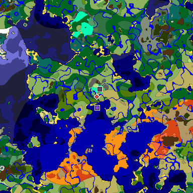 Predicted biome map of Java 1.18 seed -2611665838123806631 around estimated spawn