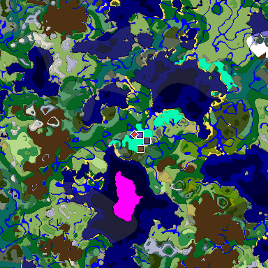 Predicted biome map of Java 1.18 seed -1806677974979267478 around estimated spawn