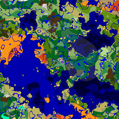 Predicted biome map of Java 1.19.2 seed 7595002368483192301 around estimated spawn