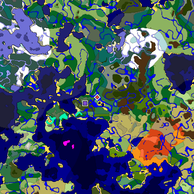 Predicted biome map of Java 1.19.2 seed 4125419244754411211 around estimated spawn