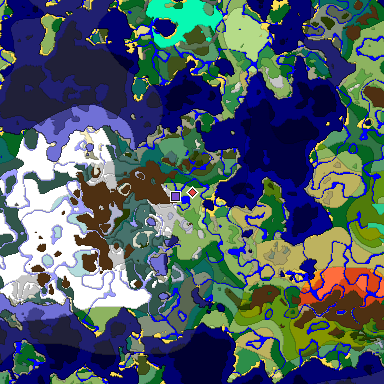 Predicted biome map of Java 1.19.2 seed -2351201948036393375 around estimated spawn
