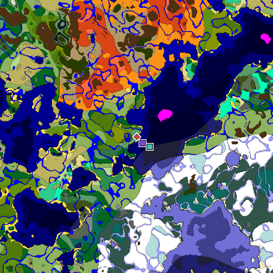 Predicted biome map of Java 1.19.2 seed -7825268214719688848 around estimated spawn