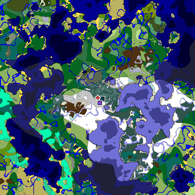 Predicted biome map of Java 1.19.2 seed -1636763468620229643 around estimated spawn