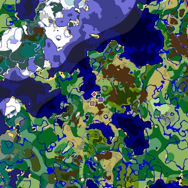Predicted biome map of Java 1.19.2 seed 3509161282622041820 around estimated spawn