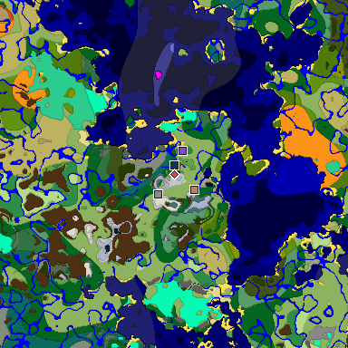 Predicted biome map of Java 1.19.2 seed 102018930998365387 around estimated spawn