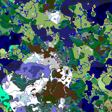 Predicted biome map of Java 1.19.2 seed -3626165012274604236 around estimated spawn
