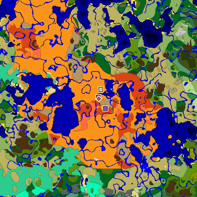 Predicted biome map of Java 1.19.2 seed 6843149341494817923 around estimated spawn