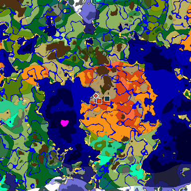 Predicted biome map of Java 1.19.2 seed -9221886082341233309 around estimated spawn