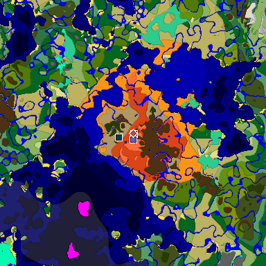 Predicted biome map of Java 1.19.2 seed -1686991067574739317 around estimated spawn