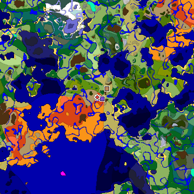 Predicted biome map of Java 1.19.2 seed 4338861806454304216 around estimated spawn
