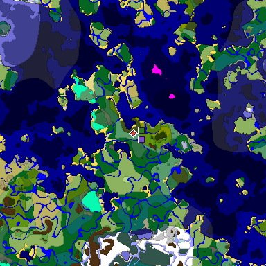 Predicted biome map of Java 1.19.2 seed -7606767728051634086 around estimated spawn