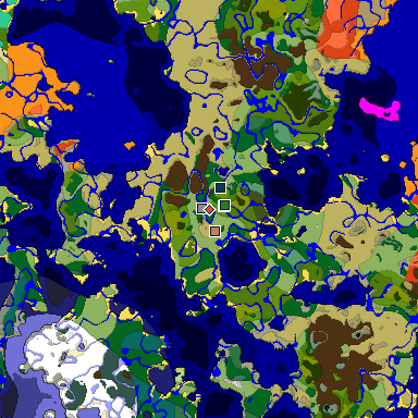 Predicted biome map of Java 1.19.2 seed -3316720414990085754 around estimated spawn