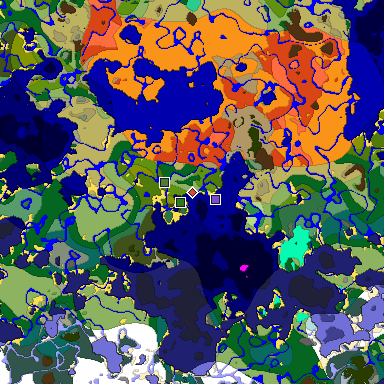Predicted biome map of Java 1.19.2 seed -1408377415836117567 around estimated spawn