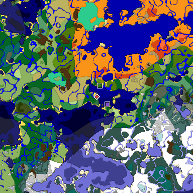 Predicted biome map of Java 1.19.2 seed 6389705623724691209 around estimated spawn