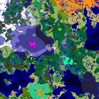 Predicted biome map of Java 1.19.2 seed 7164557201821582233 around estimated spawn