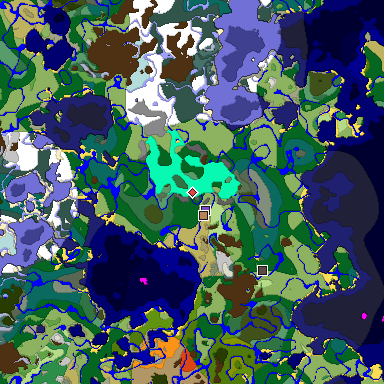 Predicted biome map of Java 1.19.2 seed 2293023451450583781 around estimated spawn