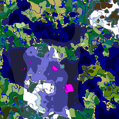 Predicted biome map of Java 1.19.2 seed 9213218816237228009 around estimated spawn