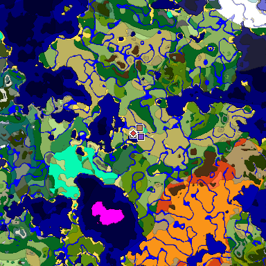 Predicted biome map of Java 1.19.2 seed 7727631389933246630 around estimated spawn