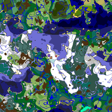 Predicted biome map of Java 1.19.2 seed -3454086904736132275 around estimated spawn