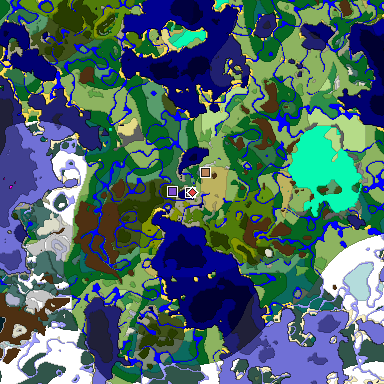 Predicted biome map of Java 1.19.2 seed 3845637534811865425 around estimated spawn