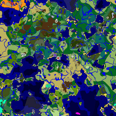 Predicted biome map of Java 1.19.2 seed 7411059049584724780 around estimated spawn