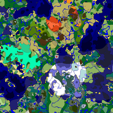 Predicted biome map of Java 1.19.2 seed 4349679525345160884 around estimated spawn