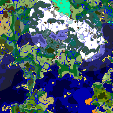 Predicted biome map of Java 1.19.2 seed 5096750943124401495 around estimated spawn