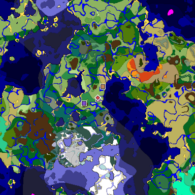 Predicted biome map of Java 1.19.2 seed 7668027281126726792 around estimated spawn