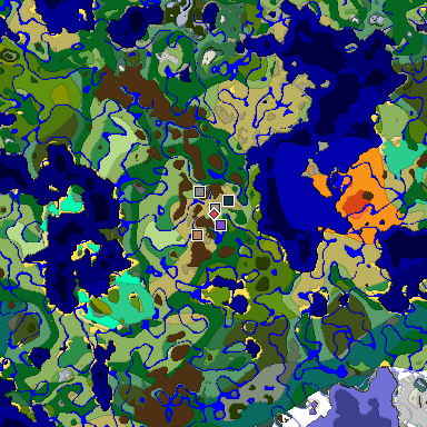 Predicted biome map of Java 1.19.2 seed 7408543156581676272 around estimated spawn